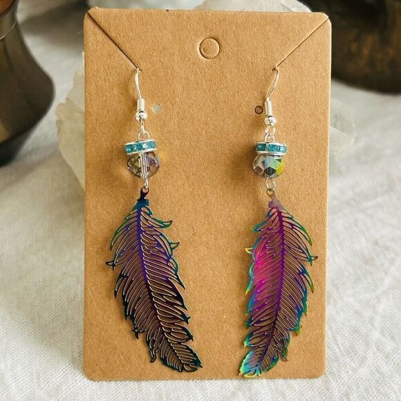Iridescent Rainbow Feather Dangle Rhinestone Earrings .925 Sterling Silver - Picture 4 of 6